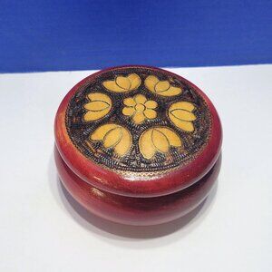 Vintage Red Round Wood Carved Trinket Box Made in Poland